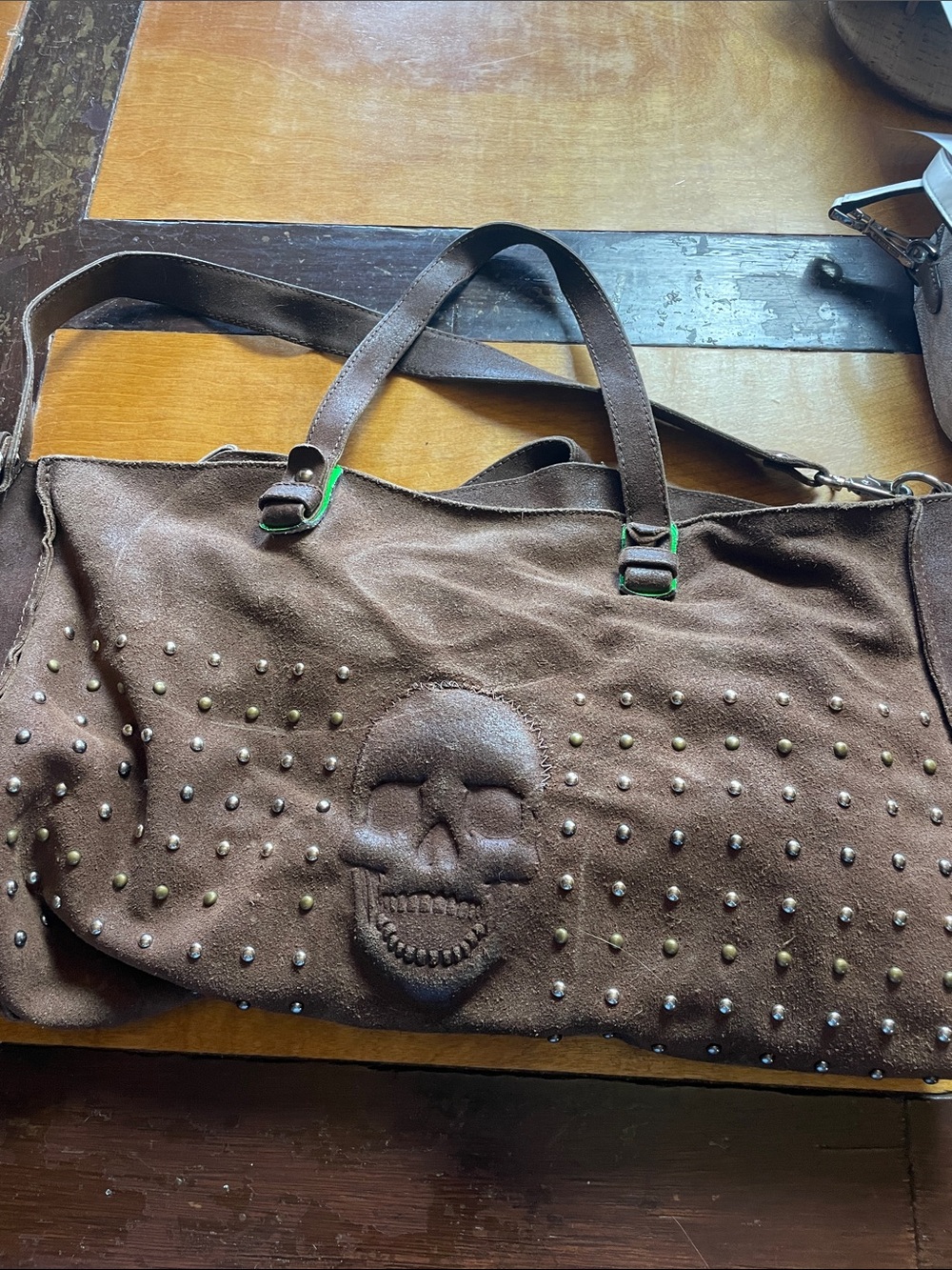 CAROL J. Italian Brown Studded Skull Tote Bag